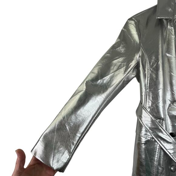 Avec Les Filles Silver Metallic Button Front Trench Coat Belted Medium *flawed - Picture 3 of 13